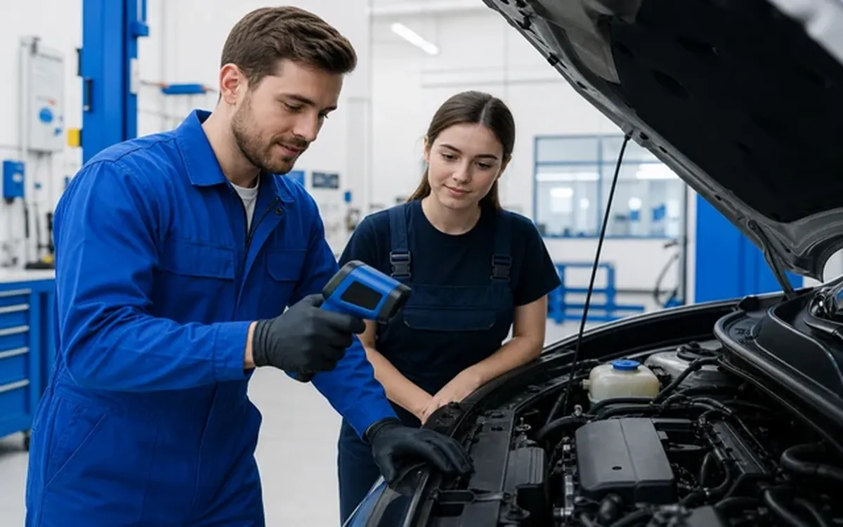 Fachkraft am Fahrzeug in neutraler Werkstattszene